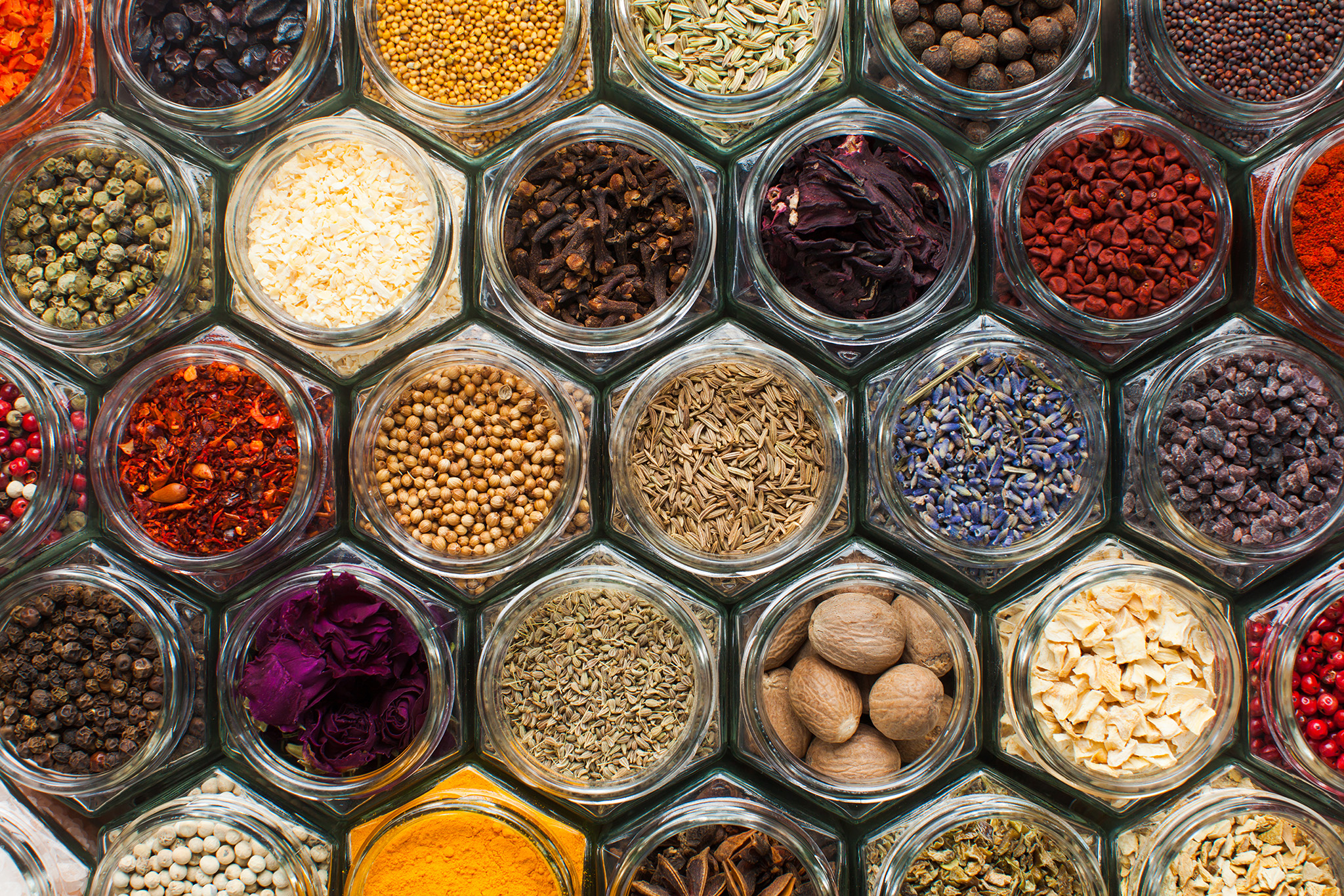 spices pattern top view in the bottles